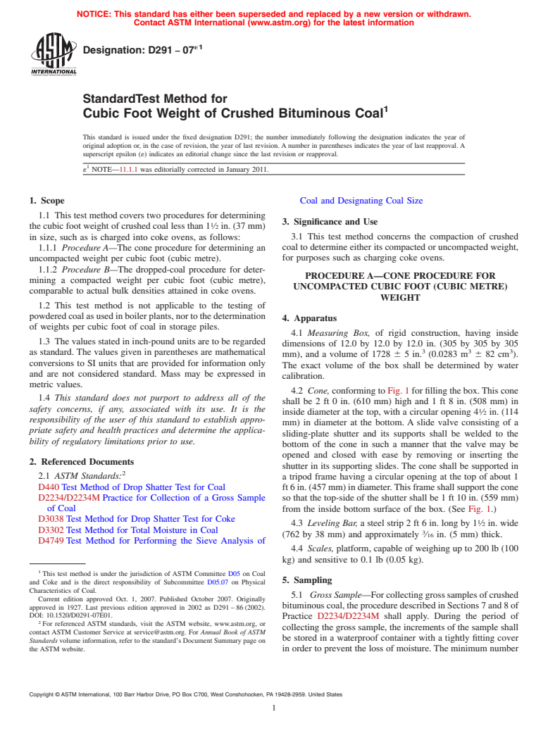 ASTM D291-07e1 - Standard Test Method for Cubic Foot Weight of Crushed Bituminous Coal