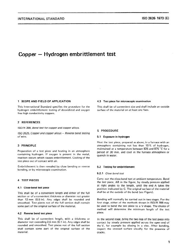 ISO 2626:1973 - Copper -- Hydrogen embrittlement test