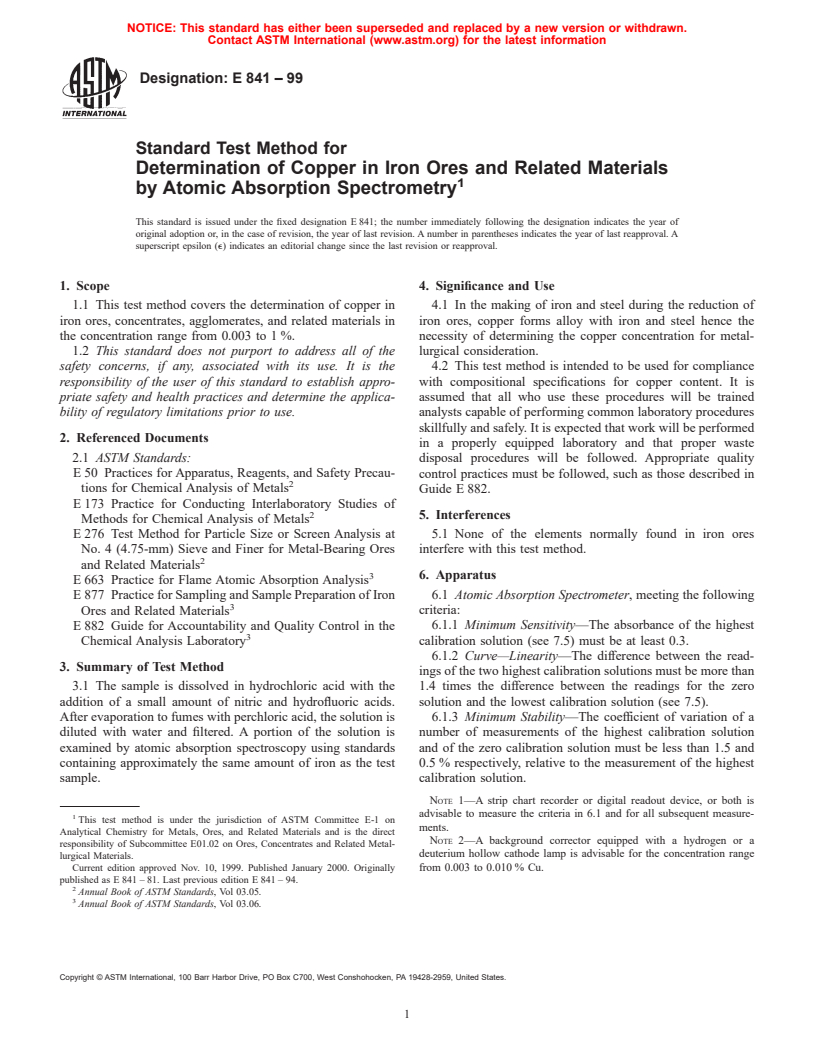 ASTM E841-99 - Standard Test Method for Determination of Copper in Iron Ores and Related Materials by Atomic Absorption Spectroscopy