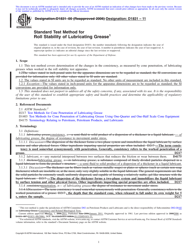 REDLINE ASTM D1831-11 - Standard Test Method for Roll Stability of Lubricating Grease