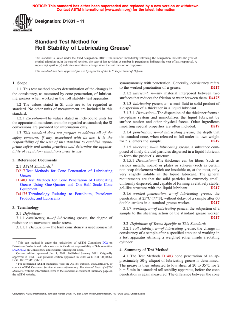 ASTM D1831-11 - Standard Test Method for Roll Stability of Lubricating Grease