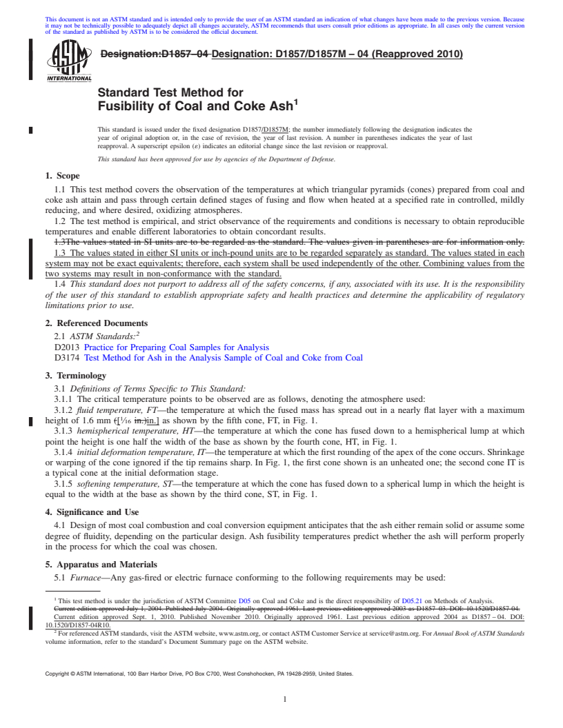 REDLINE ASTM D1857/D1857M-04(2010) - Standard Test Method for Fusibility of Coal and Coke Ash