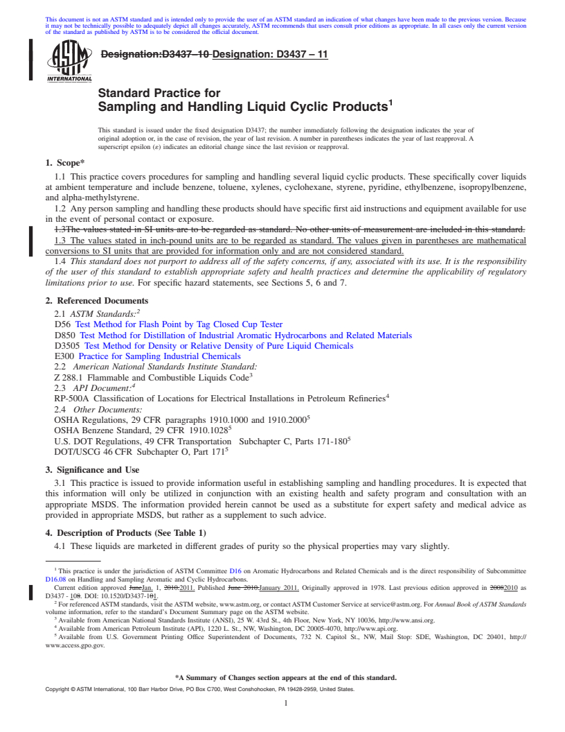 REDLINE ASTM D3437-11 - Standard Practice for  Sampling and Handling Liquid Cyclic Products