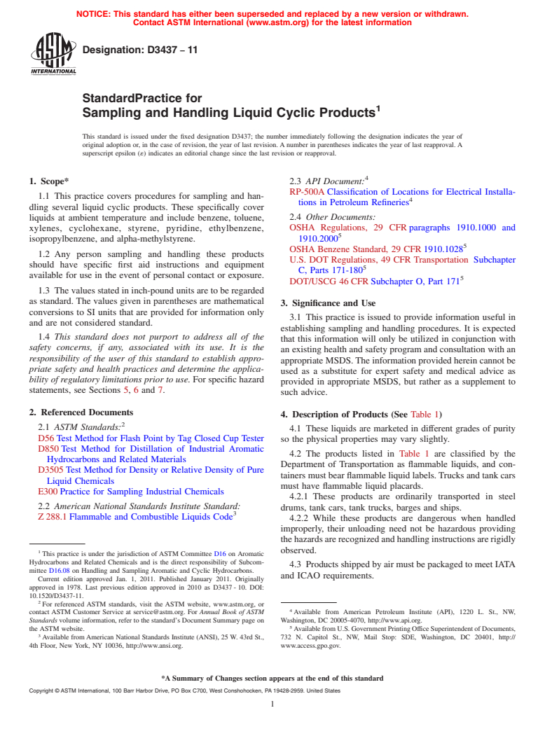 ASTM D3437-11 - Standard Practice for  Sampling and Handling Liquid Cyclic Products