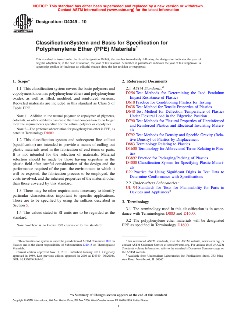 ASTM D4349-10 - Classification System and Basis for Specification for Polyphenylene Ether (PPE) Materials