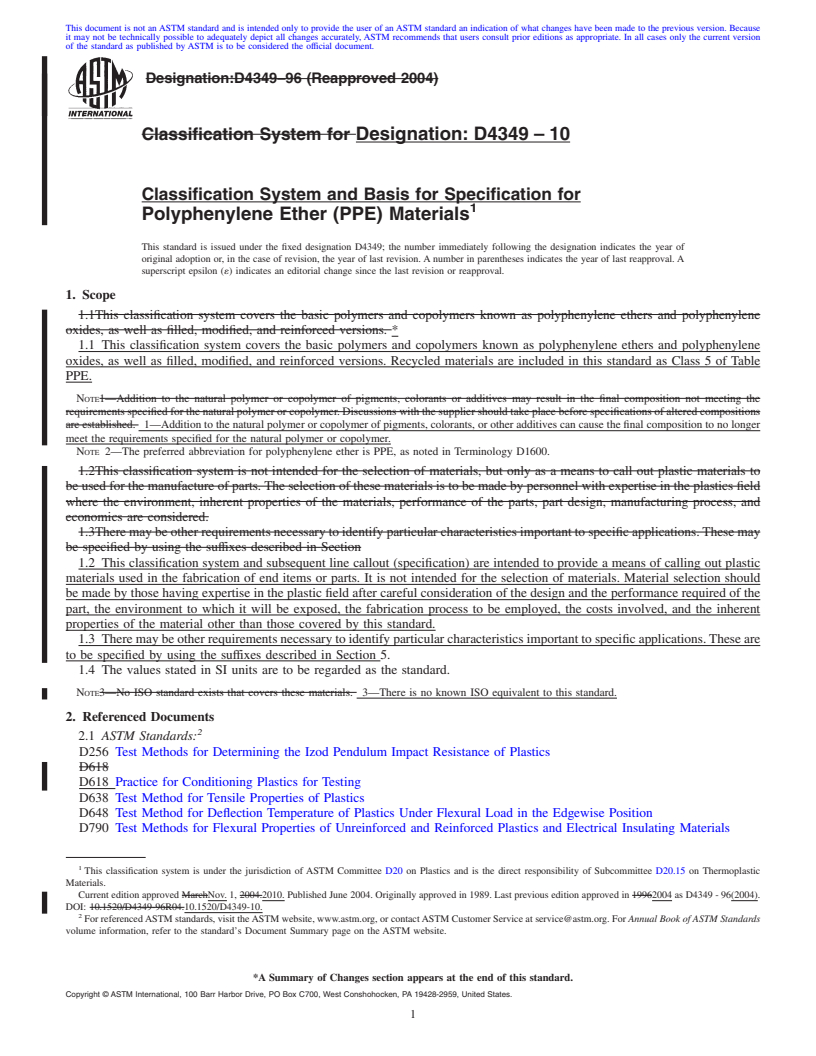 REDLINE ASTM D4349-10 - Classification System and Basis for Specification for Polyphenylene Ether (PPE) Materials