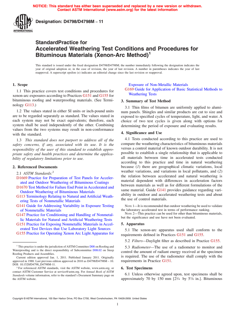 ASTM D4798/D4798M-11 - Standard Practice for Accelerated Weathering Test Conditions and Procedures for Bituminous Materials (Xenon-Arc Method)