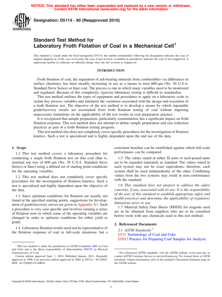 ASTM D5114-90(2010) - Standard Test Method for Laboratory Froth Flotation of Coal in a Mechanical Cell