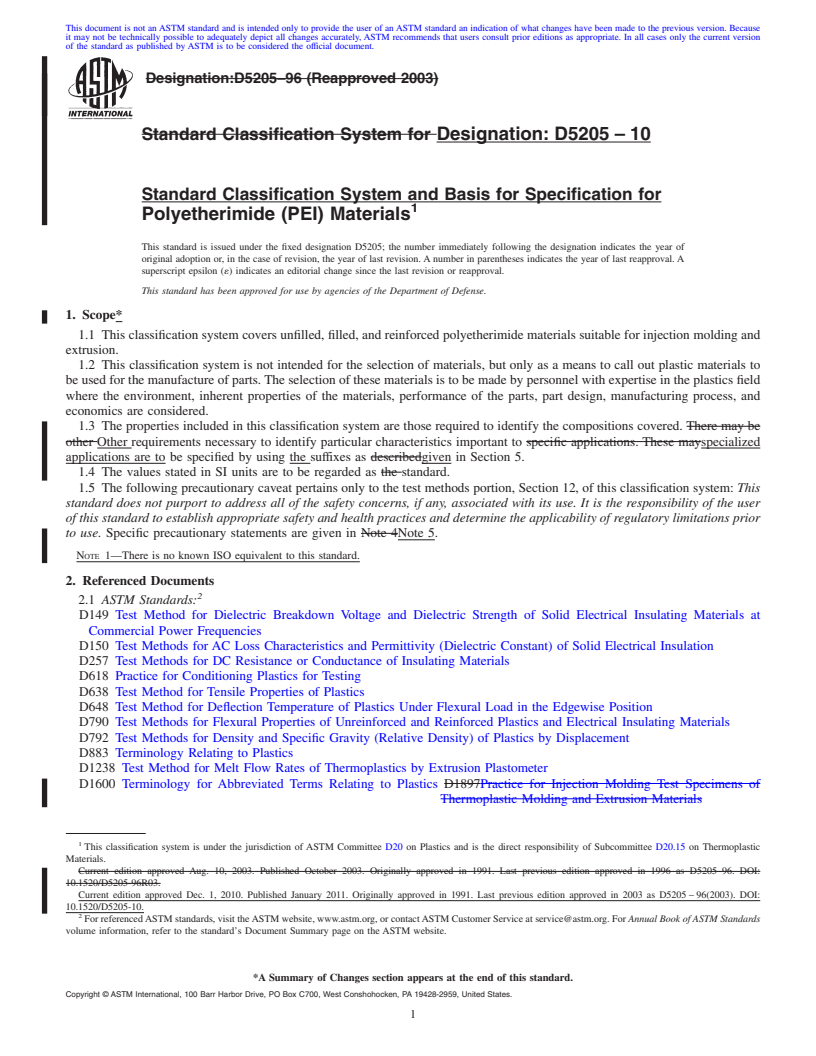 REDLINE ASTM D5205-10 - Standard Classification System for Polyetherimide (PEI) Materials