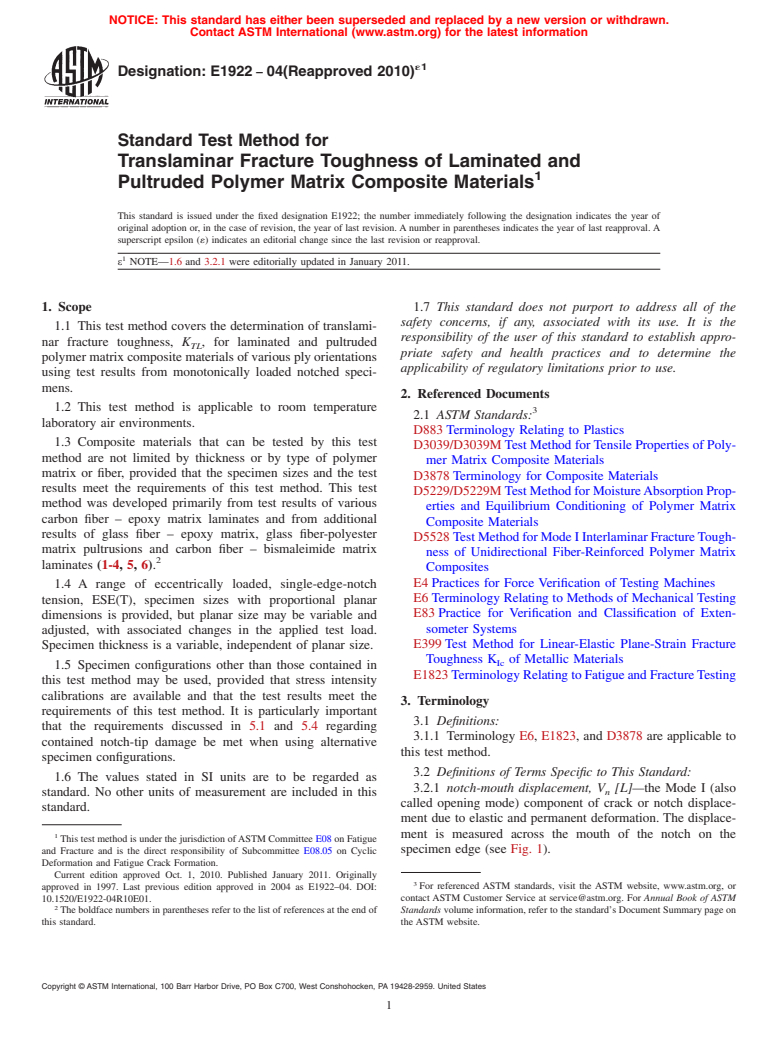 ASTM E1922-04(2010)e1 - Standard Test Method for Translaminar Fracture Toughness of Laminated and Pultruded Polymer Matrix Composite Materials