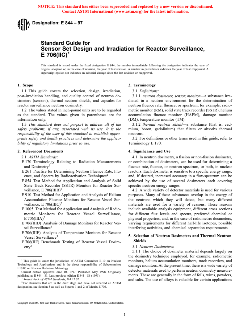 ASTM E844-97 - Standard Guide for Sensor Set Design and Irradiation for Reactor Surveillance, E 706(IIC)