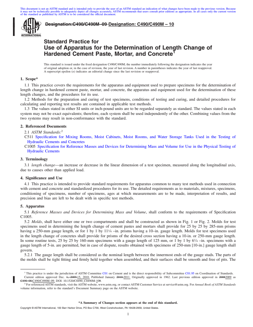 REDLINE ASTM C490/C490M-10 - Standard Practice for Use of Apparatus for the Determination of Length Change of Hardened Cement Paste, Mortar, and Concrete