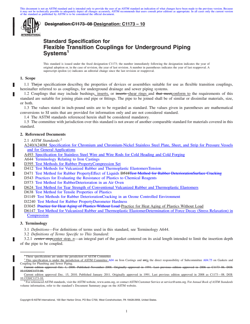 REDLINE ASTM C1173-10 - Standard Specification for Flexible Transition Couplings for Underground Piping Systems