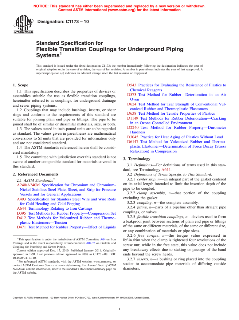ASTM C1173-10 - Standard Specification for Flexible Transition Couplings for Underground Piping Systems