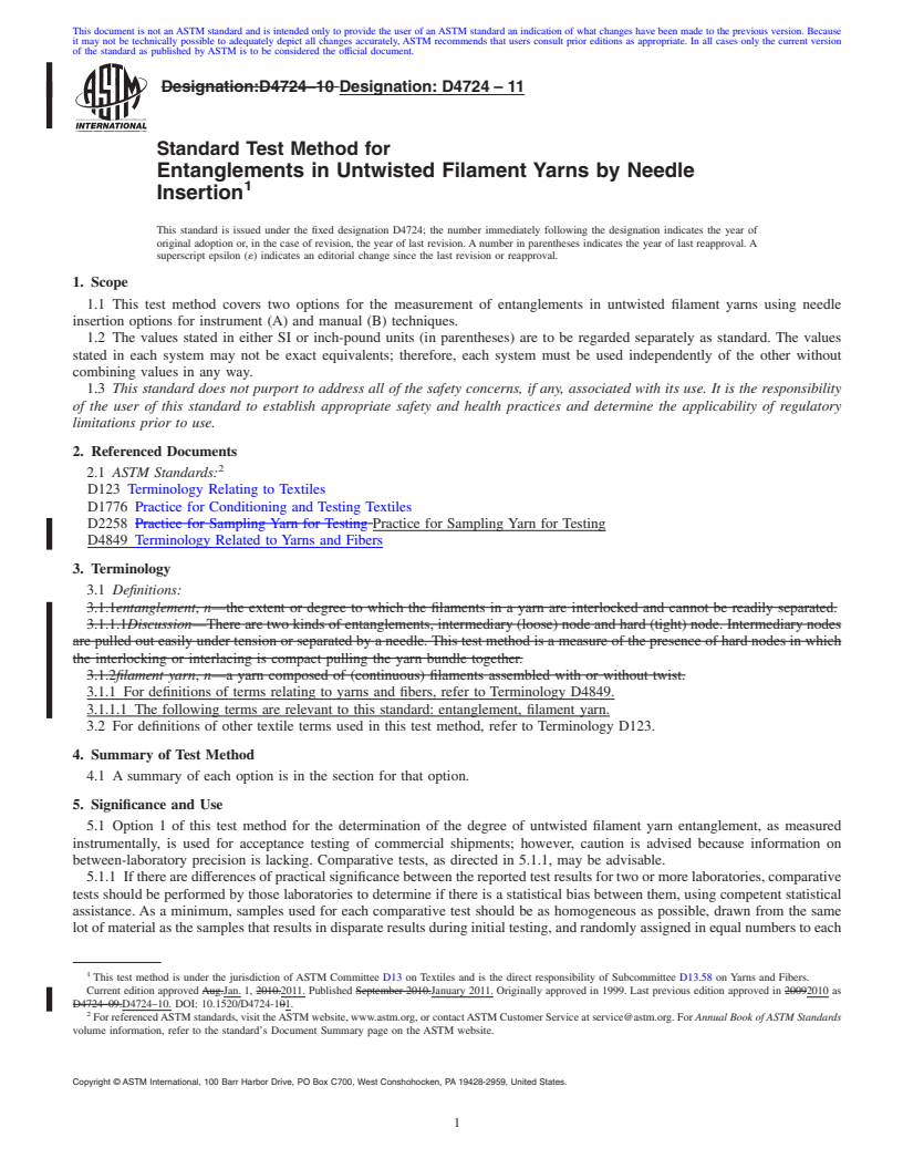 REDLINE ASTM D4724-11 - Standard Test Method for Entanglements in Untwisted Filament Yarns by Needle Insertion