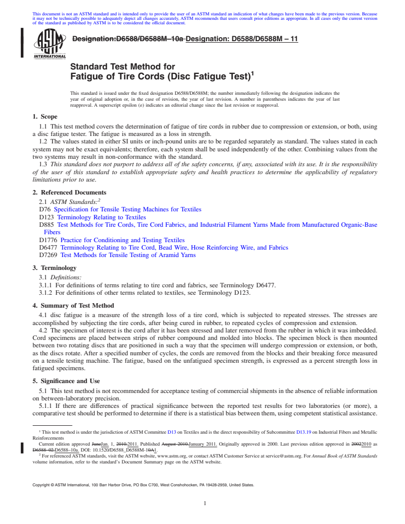 REDLINE ASTM D6588/D6588M-11 - Standard Test Method for Fatigue of Tire Cords (Disc Fatigue Test)