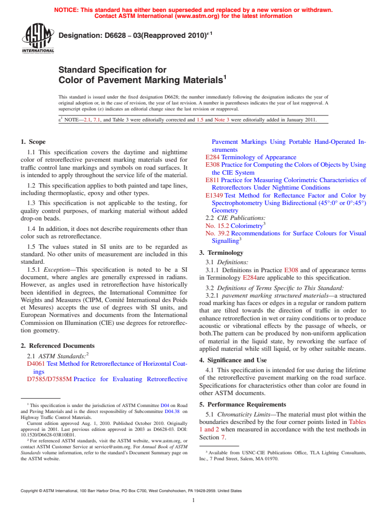 ASTM D6628-03(2010)e1 - Standard Specification for Color of Pavement Marking Materials