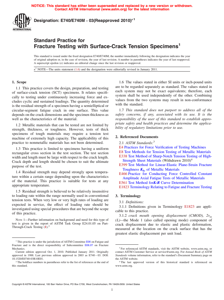 ASTM E740/E740M-03(2010)e1 - Standard Practice for Fracture Testing with Surface-Crack Tension Specimens