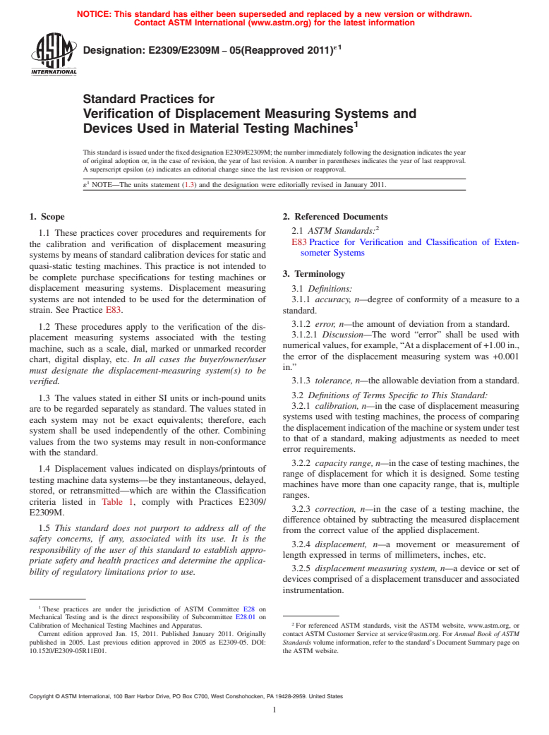 ASTM E2309/E2309M-05(2011)e1 - Standard Practices for Verification of Displacement Measuring Systems and Devices Used in Material Testing Machines
