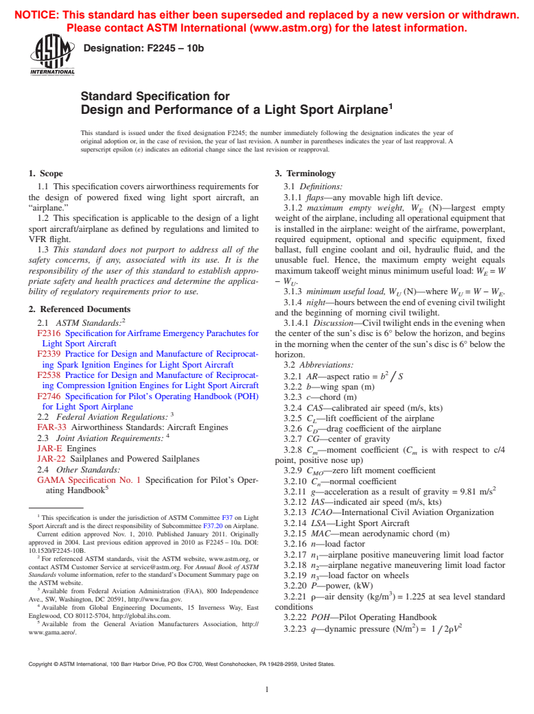 ASTM F2245-10b - Standard Specification for Design and Performance of a Light Sport Airplane