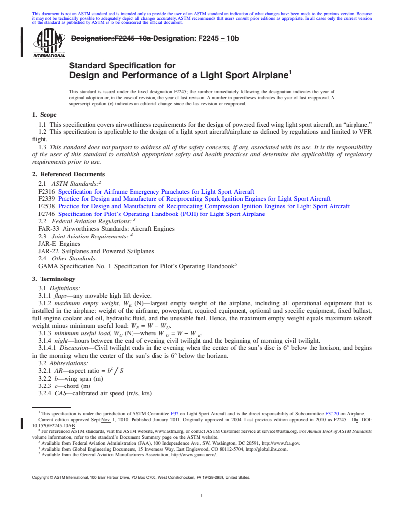 REDLINE ASTM F2245-10b - Standard Specification for Design and Performance of a Light Sport Airplane