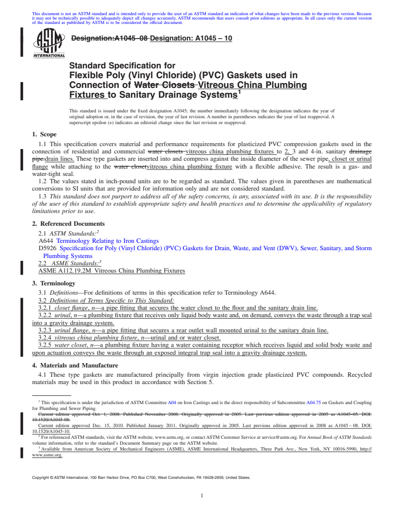 REDLINE ASTM A1045-10 - Standard Specification for Flexible Poly (Vinyl Chloride) (PVC) Gaskets used in Connection of Vitreous China Plumbing Fixtures to Sanitary Drainage Systems