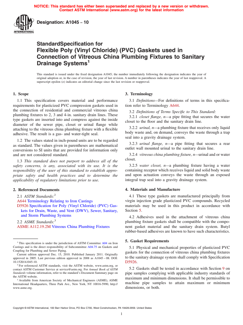 ASTM A1045-10 - Standard Specification for Flexible Poly (Vinyl Chloride) (PVC) Gaskets used in Connection of Vitreous China Plumbing Fixtures to Sanitary Drainage Systems
