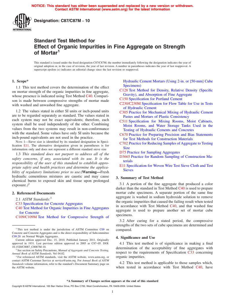 ASTM C87/C87M-10 - Standard Test Method for Effect of Organic Impurities in Fine Aggregate on Strength of Mortar