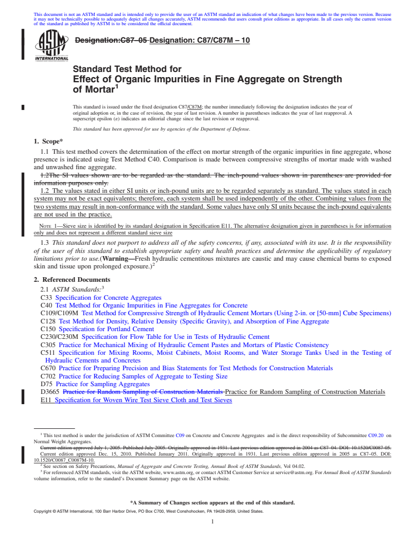 REDLINE ASTM C87/C87M-10 - Standard Test Method for Effect of Organic Impurities in Fine Aggregate on Strength of Mortar