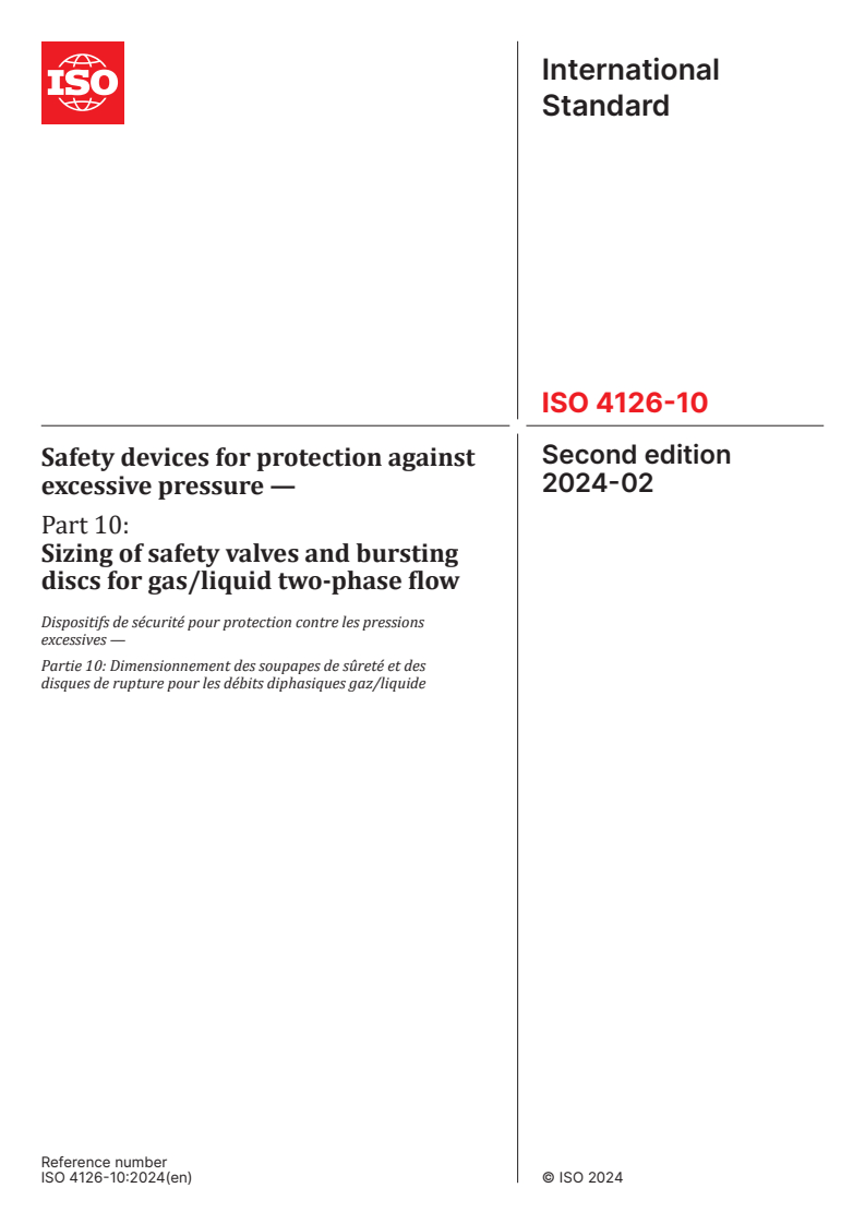 ISO 4126-10:2024 - Safety devices for protection against excessive pressure — Part 10: Sizing of safety valves and bursting discs for gas/liquid two-phase flow
Released:7. 03. 2024