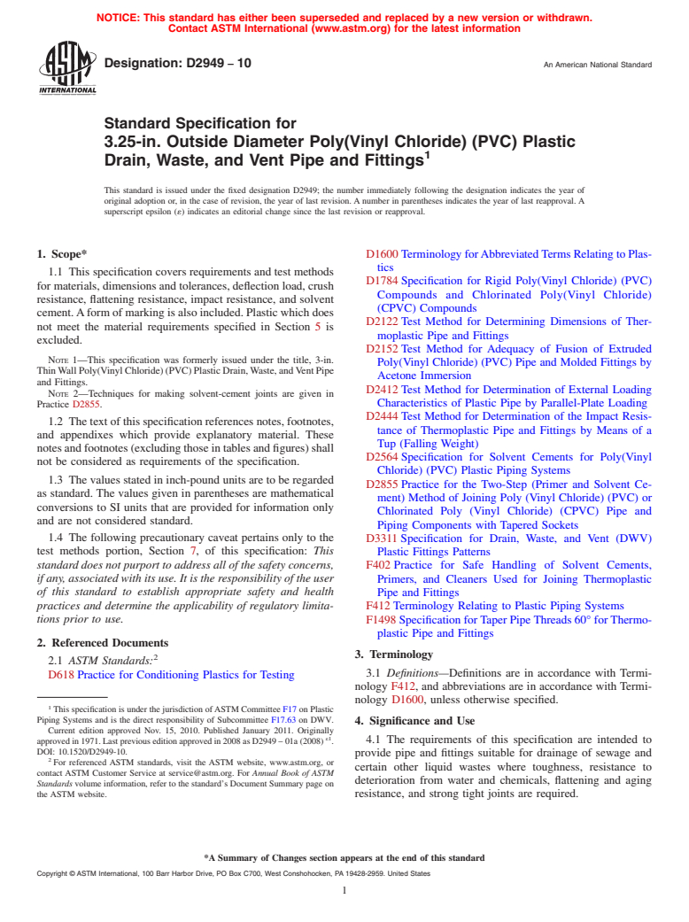 ASTM D2949-10 - Standard Specification for 3.25-in. Outside Diameter Poly(Vinyl Chloride) (PVC) Plastic Drain, Waste, and Vent Pipe and Fittings