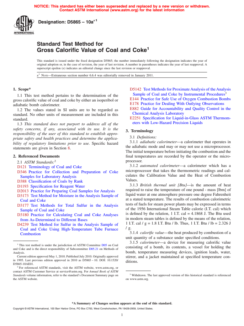 ASTM D5865-10ae1 - Standard Test Method for  Gross Calorific Value of Coal and Coke