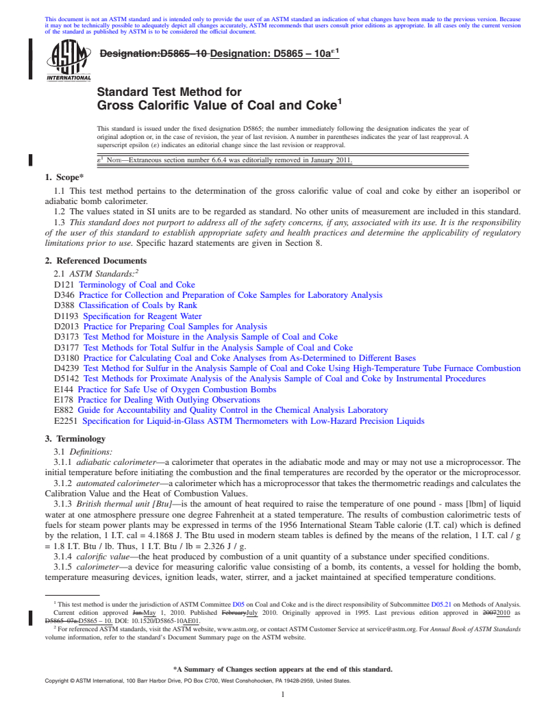 REDLINE ASTM D5865-10ae1 - Standard Test Method for  Gross Calorific Value of Coal and Coke