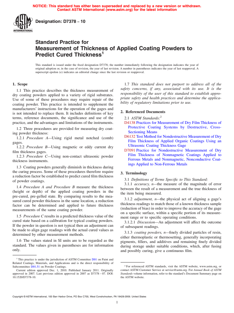 ASTM D7378-10 - Standard Practice for Measurement of Thickness of Applied Coating Powders to Predict Cured Thickness