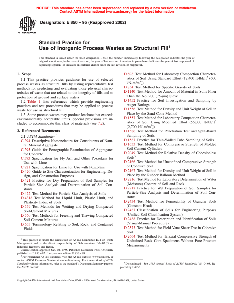 ASTM E850-95(2002) - Standard Practice for Use of Inorganic Process Wastes as Structural Fill