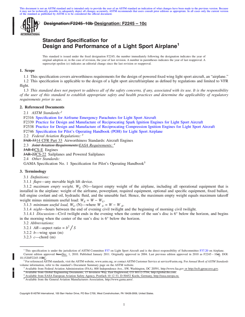REDLINE ASTM F2245-10c - Standard Specification for Design and Performance of a Light Sport Airplane