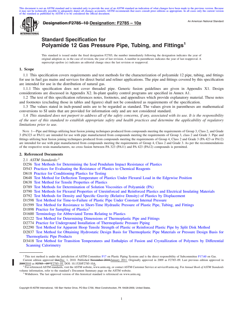 REDLINE ASTM F2785-10a - Standard Specification for Polyamide 12 Gas Pressure Pipe, Tubing, and Fittings