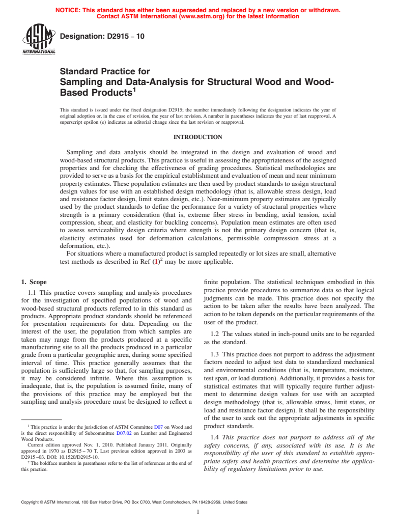 ASTM D2915-10 - Practice for Sampling and Data-Analysis for Structural Wood and Wood-Based Products