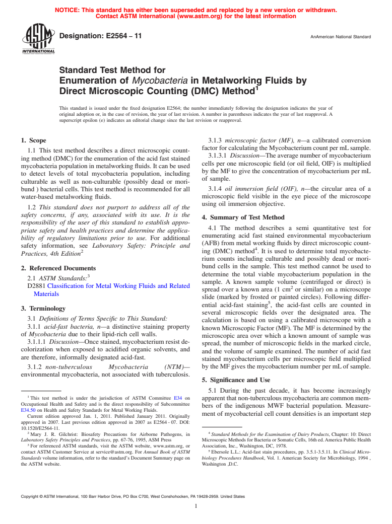 ASTM E2564-11 - Standard Test Method for Enumeration of <i>Mycobacteria</i> in Metalworking Fluids by Direct Microscopic Counting (DMC) Method