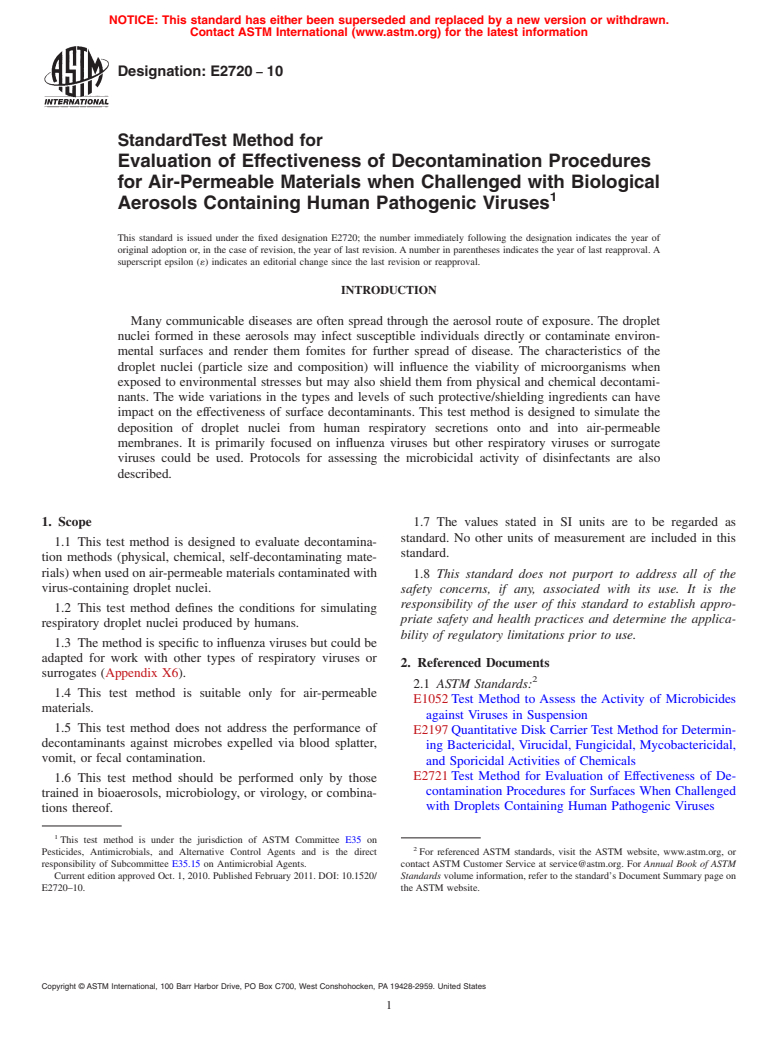 ASTM E2720-10 - Standard Test Method for Evaluation of Effectiveness of Decontamination Procedures for Air-Permeable Materials when Challenged with Biological Aerosols Containing Human Pathogenic Viruses