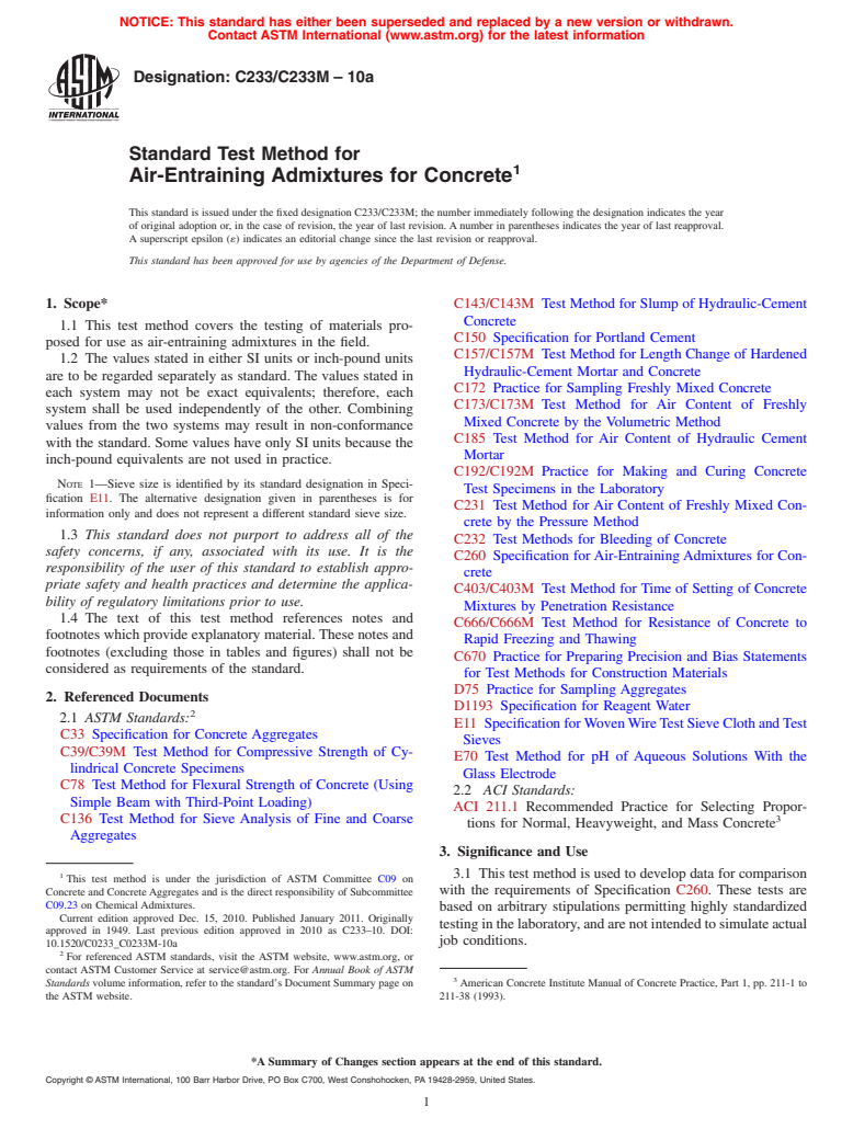 ASTM C233/C233M-10a - Standard Test Method for Air-Entraining Admixtures for Concrete