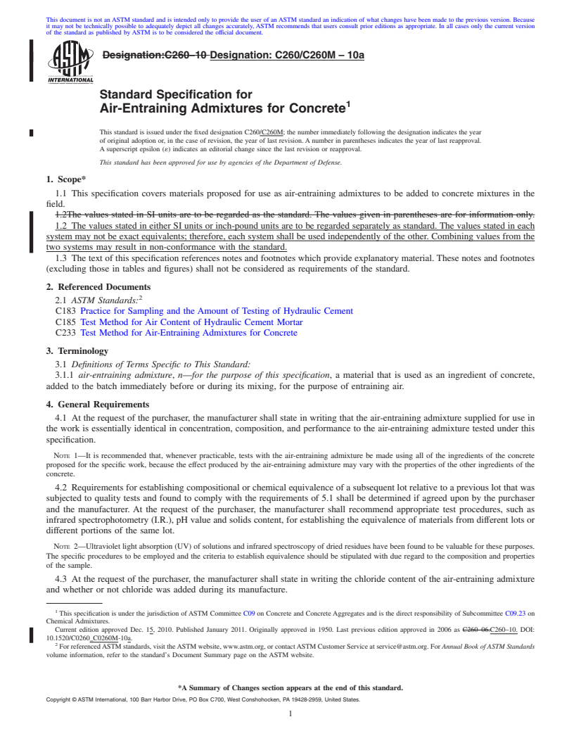 REDLINE ASTM C260/C260M-10a - Standard Specification for Air-Entraining Admixtures for Concrete