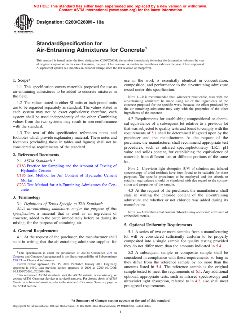 ASTM C260/C260M-10a - Standard Specification for Air-Entraining Admixtures for Concrete