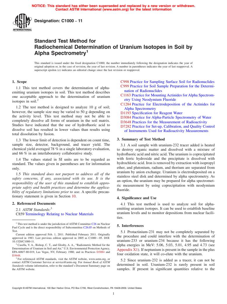 ASTM C1000-11 - Standard Test Method for Radiochemical Determination of Uranium Isotopes in Soil by Alpha Spectrometry