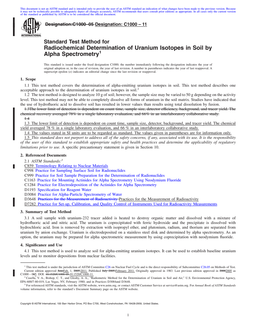 REDLINE ASTM C1000-11 - Standard Test Method for Radiochemical Determination of Uranium Isotopes in Soil by Alpha Spectrometry