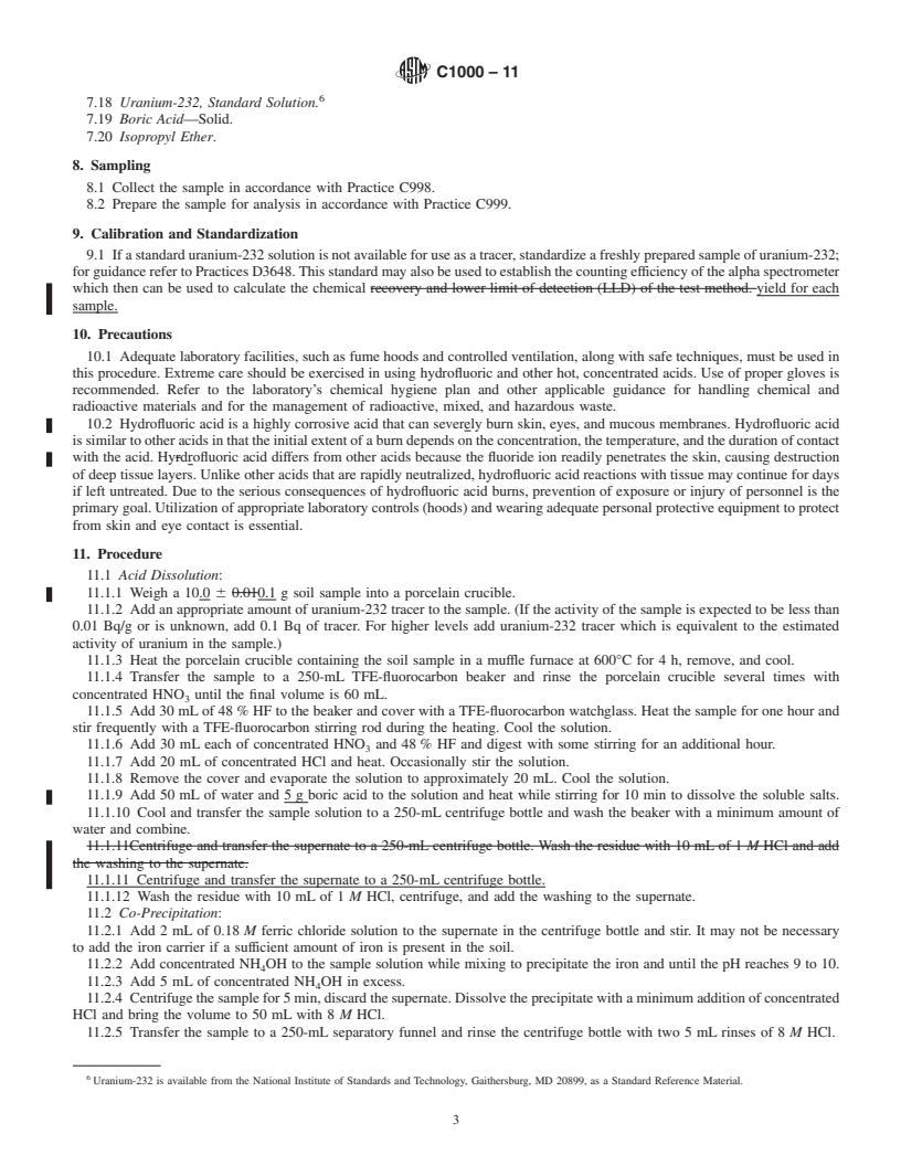 REDLINE ASTM C1000-11 - Standard Test Method for Radiochemical Determination of Uranium Isotopes in Soil by Alpha Spectrometry