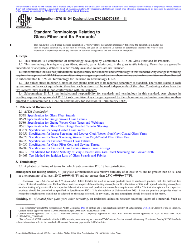 REDLINE ASTM D7018/D7018M-11 - Standard Terminology Relating to Glass Fiber and Its Products