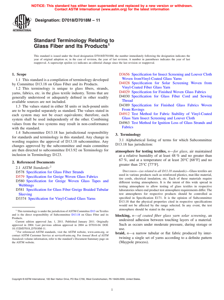 ASTM D7018/D7018M-11 - Standard Terminology Relating to Glass Fiber and Its Products