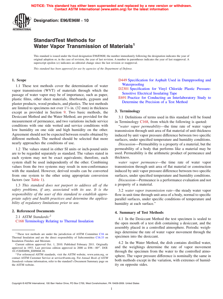 ASTM E96/E96M-10 - Standard Test Methods for Water Vapor Transmission of Materials