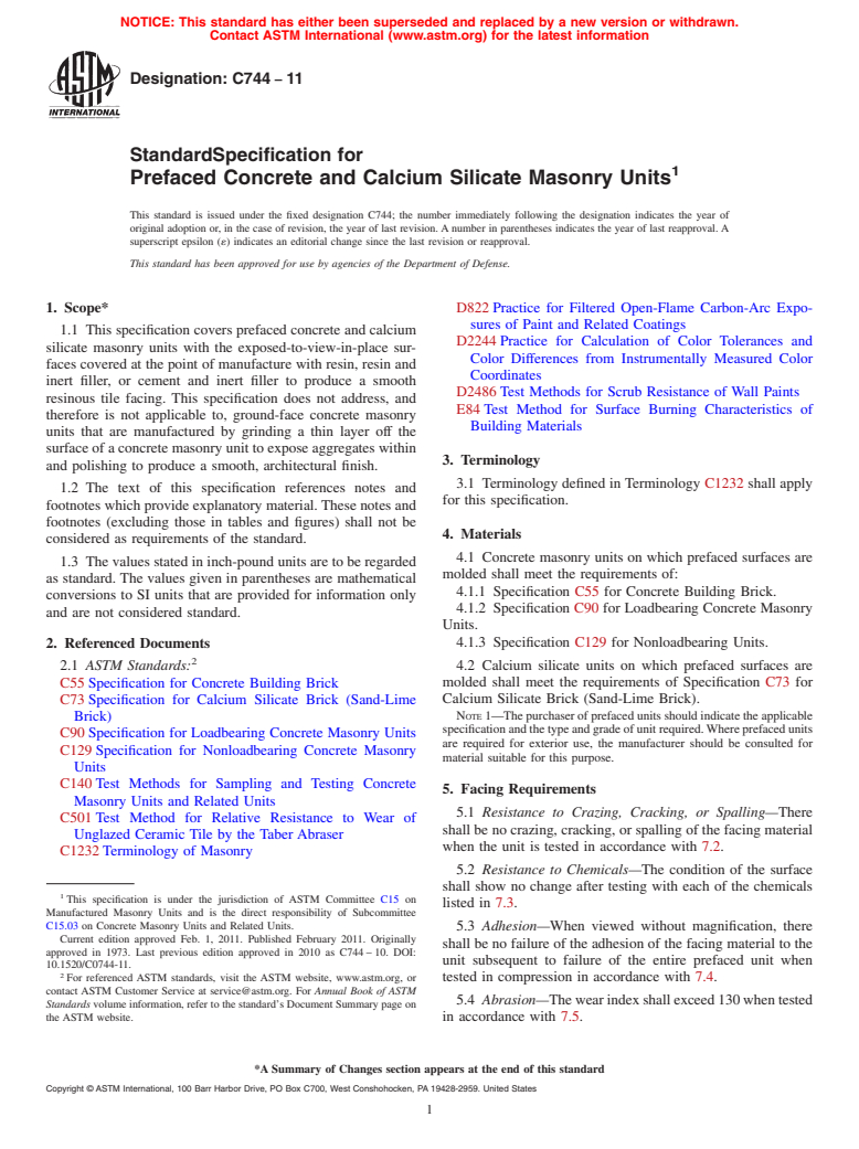 ASTM C744-11 - Standard Specification for  Prefaced Concrete and Calcium Silicate Masonry Units